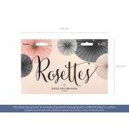 5 rosettes en papier pêche, rose et gris emballage devant