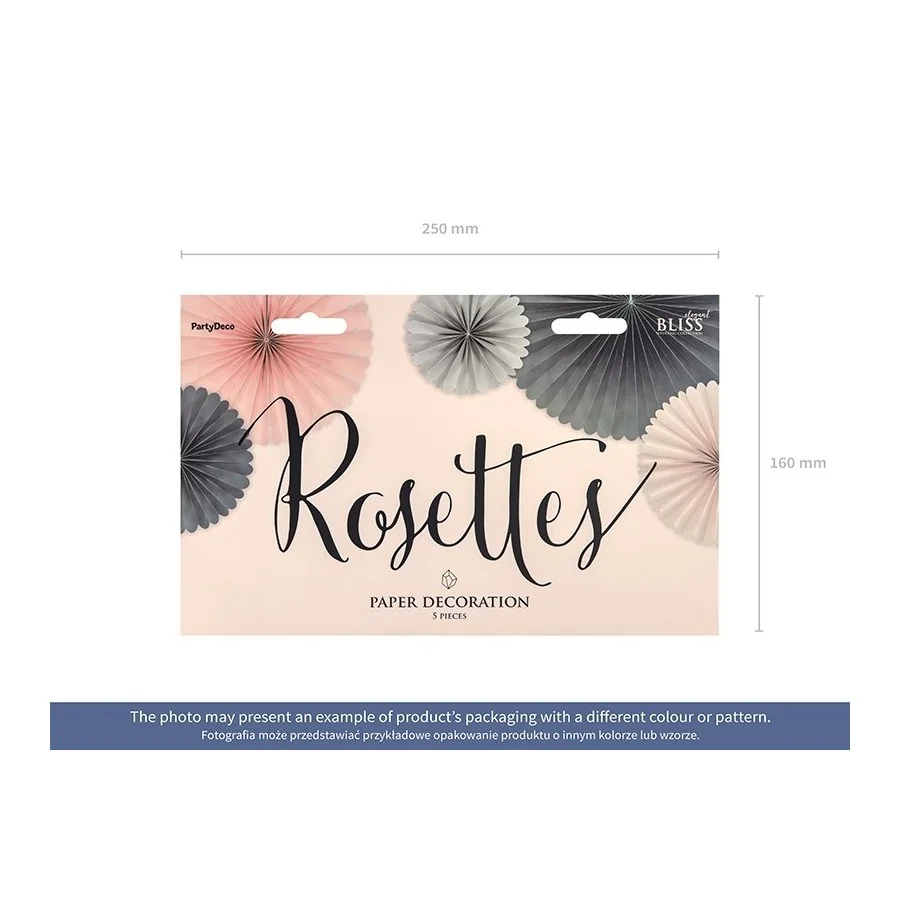 5 rosettes en papier pêche, rose et gris emballage devant