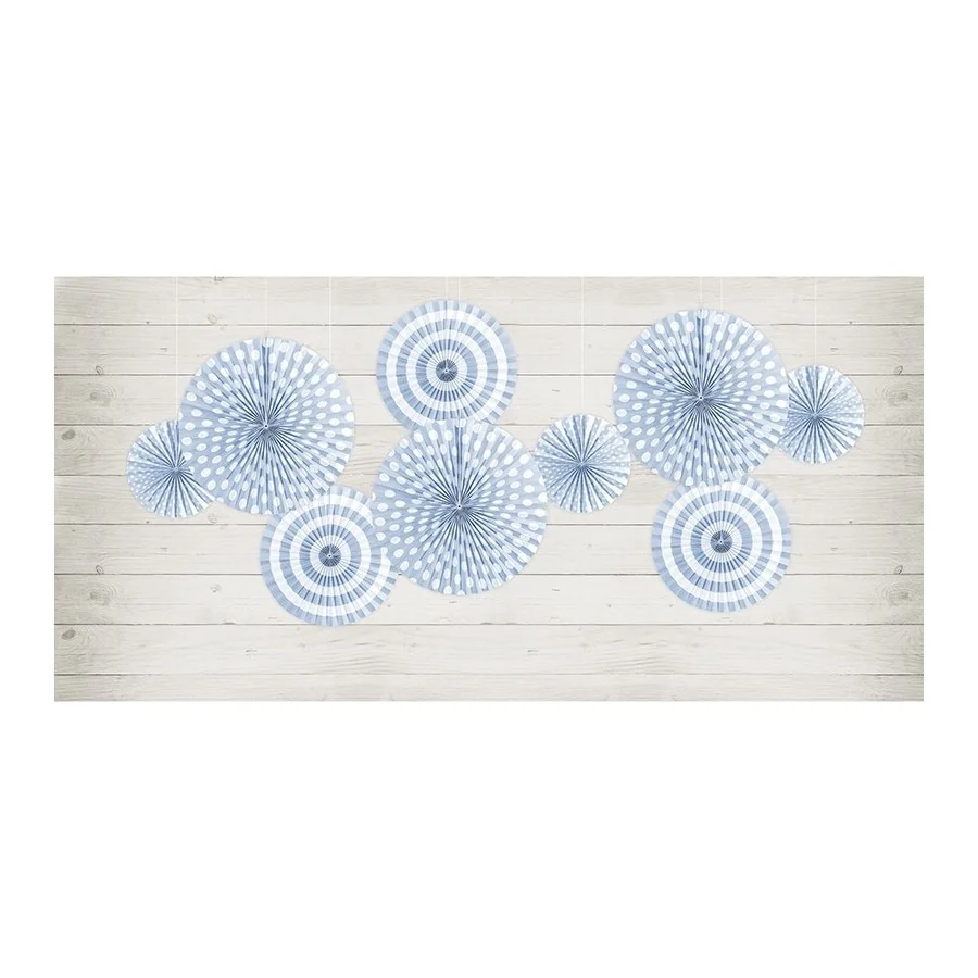 3 rosettes en papier bleu pastel fond