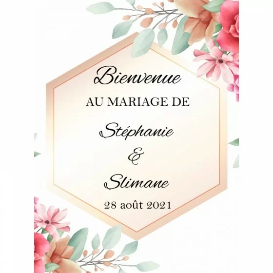 Panneau bienvenue hexagone et fleurs roses