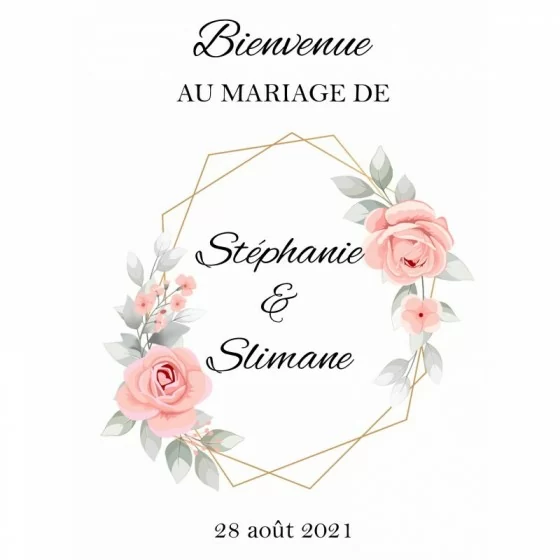 Panneau bienvenue hexagone et fleurs roses