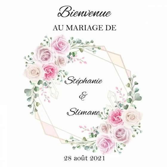 Panneau bienvenue hexagone or et fleurs roses