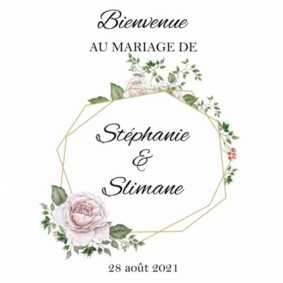 Panneau bienvenue hexagone et fleurs roses