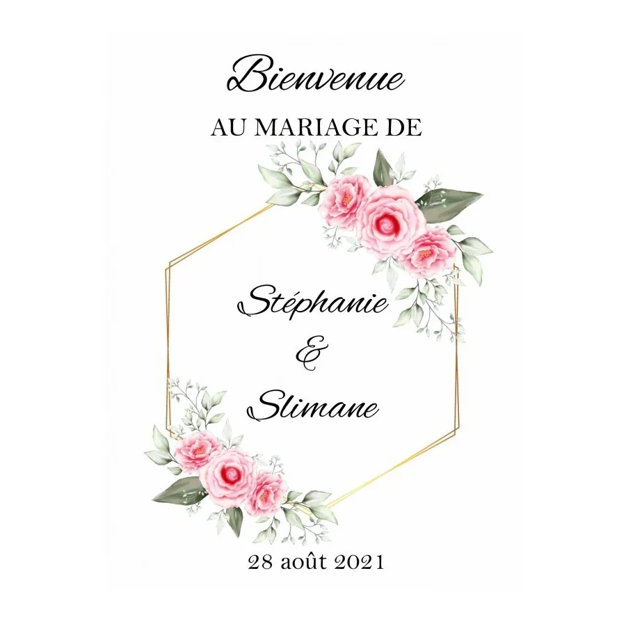 Panneau bienvenue hexagone et fleurs roses