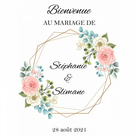 Panneau bienvenue hexagone et fleurs roses