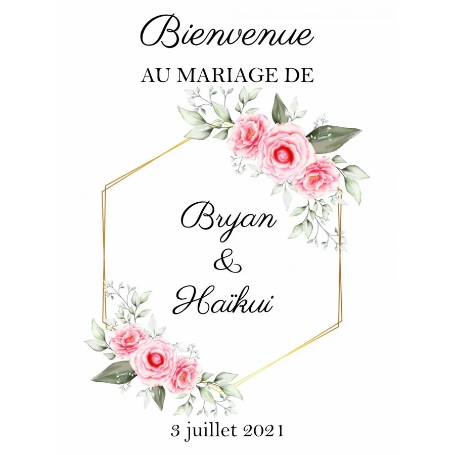 Panneau bienvenue hexagone et fleurs roses Bryan