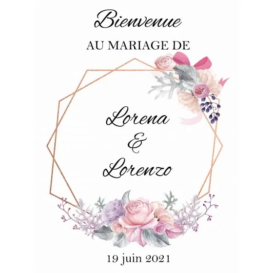 Panneau bienvenue hexagone et fleurs roses et lilas Lorenzo