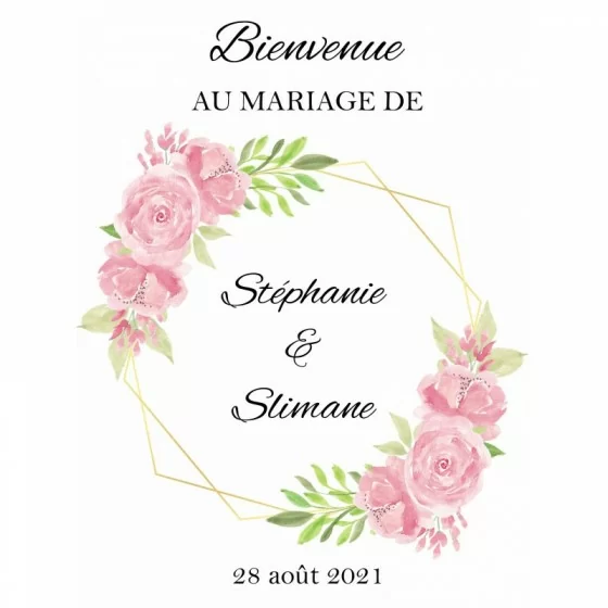 Panneau bienvenue hexagone et fleurs roses