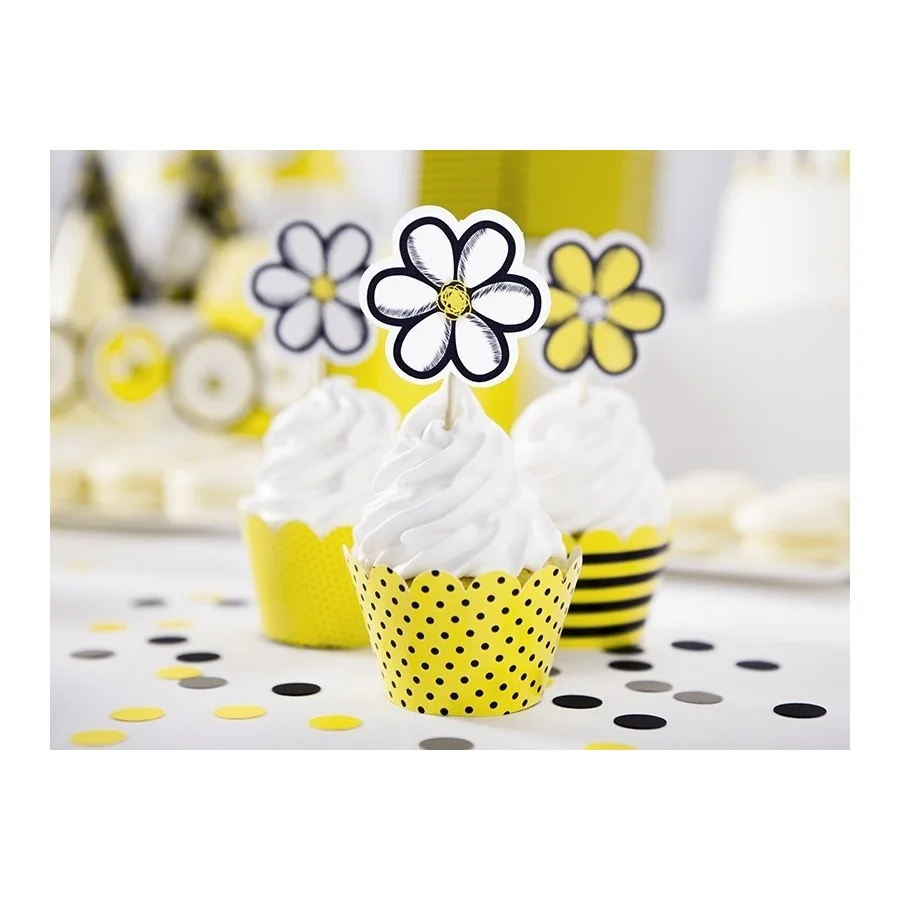 6 papiers pour cupcake jaune et noir fleur